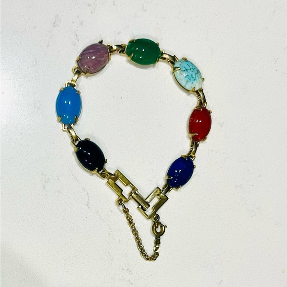 Vintage 1940s Gold-Filled Multi-Glass Cabochon Link Bracelet w/ Safety Chain - Picture 3 of 11